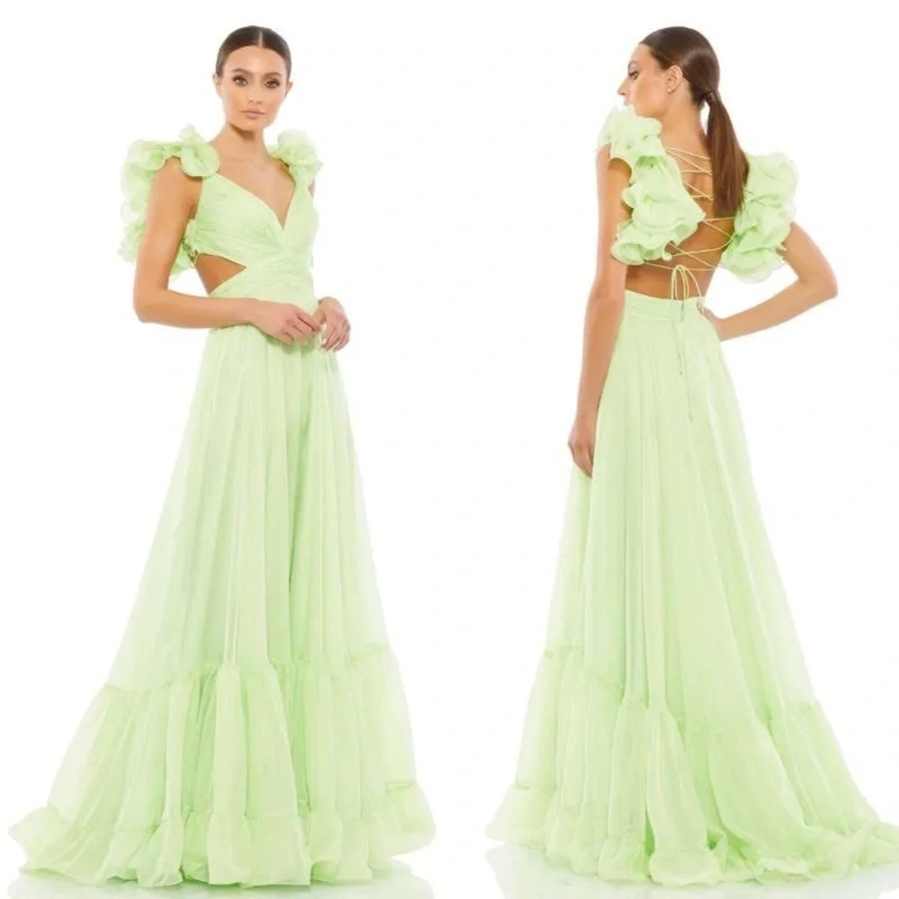 NEW Mac Duggal Indy Ruffle Tiered Cutout Chiffon Gown Mint Green Maxi Dress 4 - Picture 1 of 15